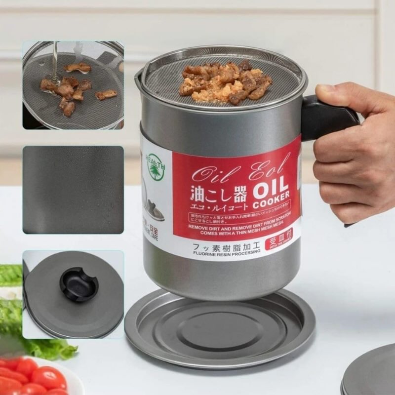 1.4L Fryer Oil Filter Pot | Carbon Steel Body with Stainless Steel Strainer & Lid | Kitchen Oil Storage Jug