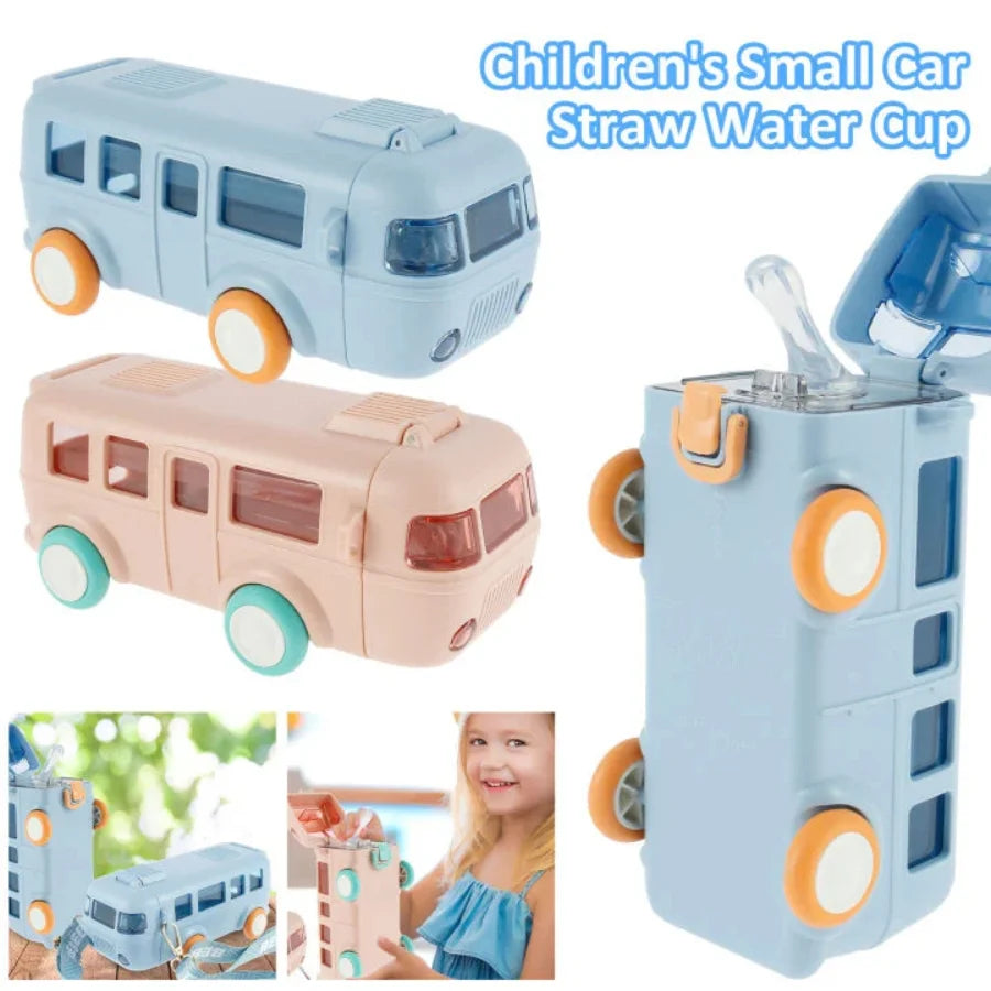 Bus Shape School Water Bottle | 500ml | With Strap | Cute & Leak-Proof