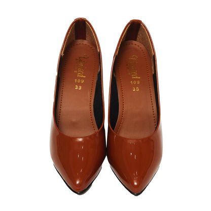 Glossy Brown Court Heels - Preego