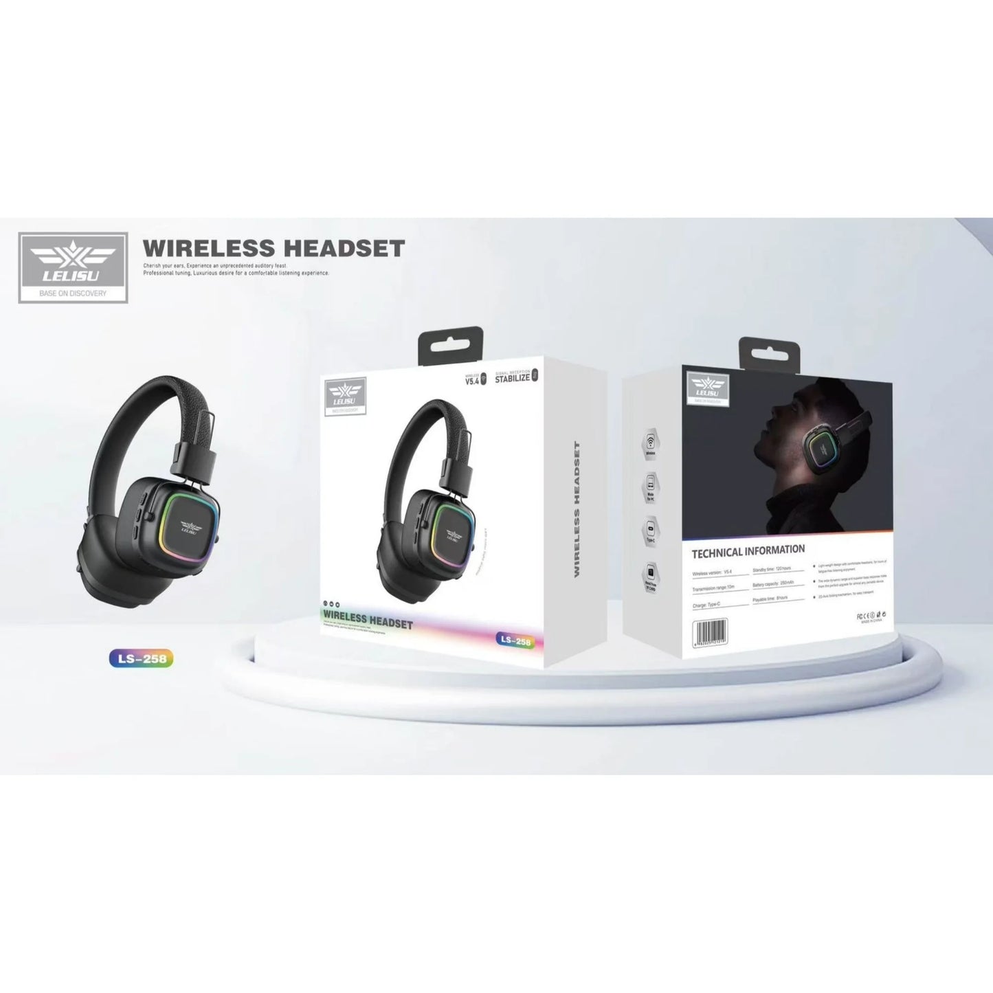 Lelisu LS-258 Wireless Stereo Headphones | Bluetooth 5.4 Over-Ear Headset with Type-C Charging & LED Lights